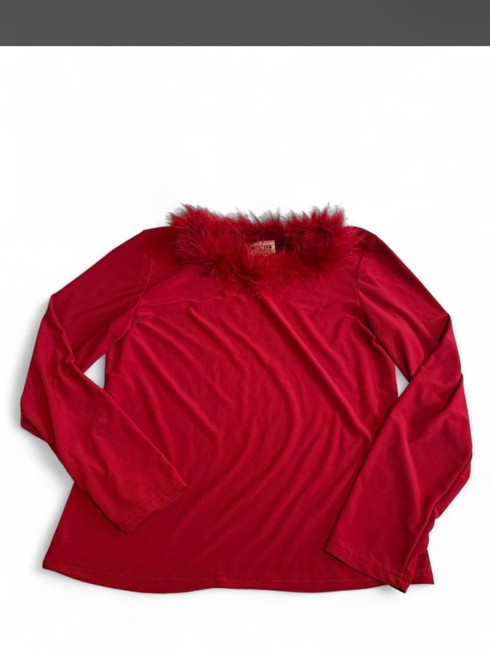 Red Feather Trim Long Sleeve Top